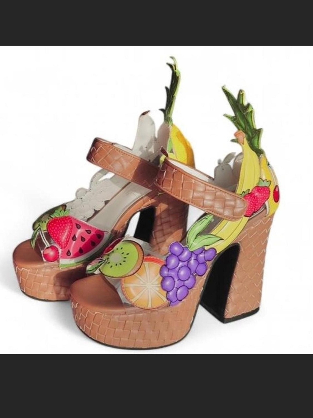 Dolls Kill Tan Platform Sandals with Colorful Fruit Appliqués